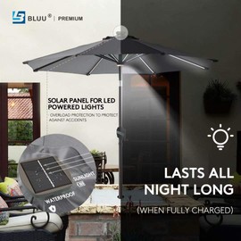 BLUU MAPLE 10 FT Outdoor Solar Patio Umbrellas, LED Table Umbrella with 16 LED Strip Lights & Hub Light, Aluminum Frame, 36 Month Fade Resistance & UV Protection Fabric (Grey)