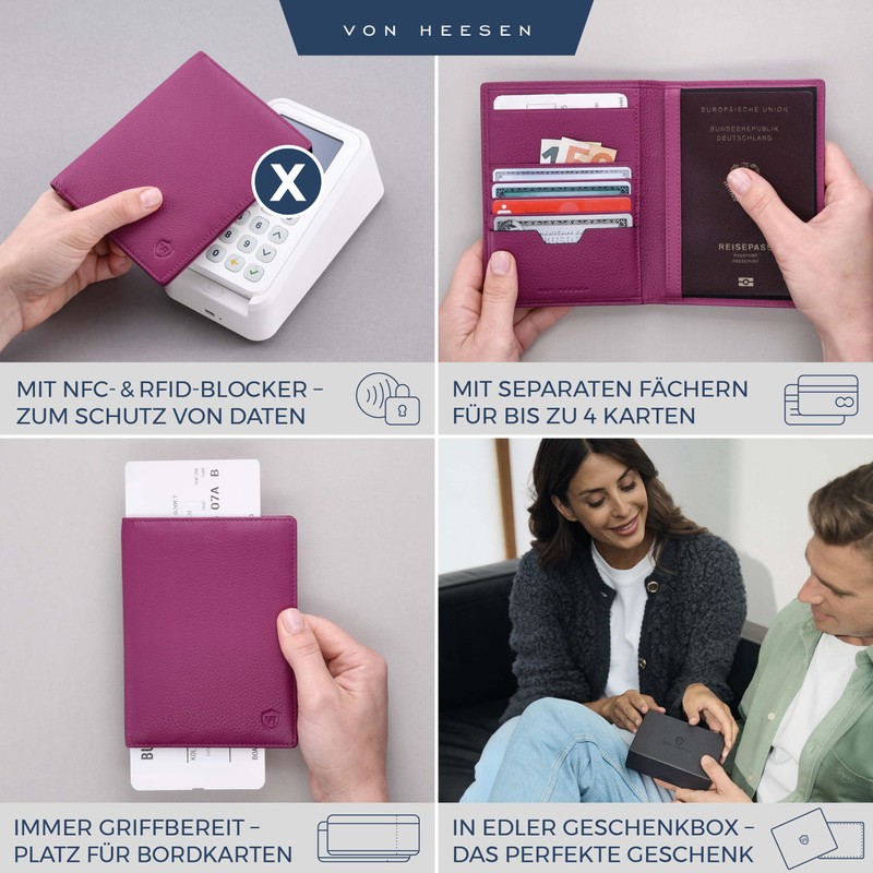 VON HEESEN Passport Holder Leather Case with RFID Protection -