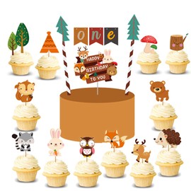 Woodland - Kit de decoración para tartas con diseño de animales de dibujos animados para decoración de primer cumpleaños