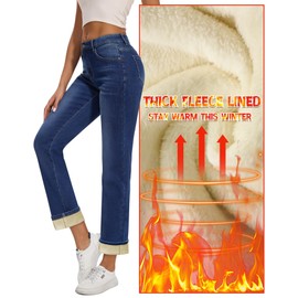 Yewfirm Women Fleece Lined Jeans Women's High Waisted Straight Leg Jeans Winter Fleece Lined Jean Pants Black Size 4