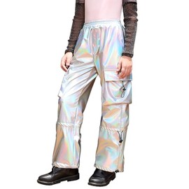 Perfashion Teengirls Metallic Cargo Pant Girls Hip Hop Dance Outfit Silver Parachute Pants Size 10-12