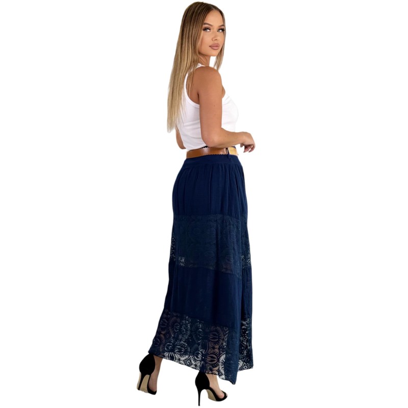 Mississhop Langer Baumwollrock mit Spitze & Gürtel 3094 Dunkelblau