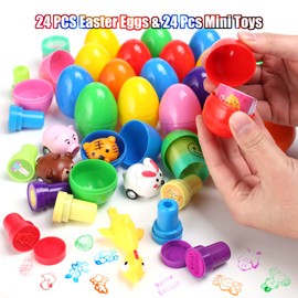 24 Pcs Toy Filled Easter Eggs, Easter Egg Hunt Kit Colourful Surprise Plastic Easter Eggs with Slap Bands/Easter Stamps/Car Toys/Tattoos Stickers for Kids, Basket Stuffers Fillers, Classroom Gifts
