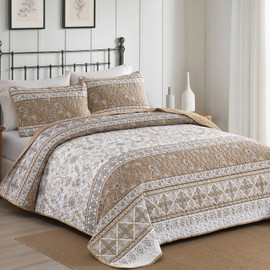 Yiran Boho Brown Quilt Set King,3 Piece Striped Floral Bedspread Coverlet Set for All Season,Lightweight Bohemian Bedding Set 104"×90"