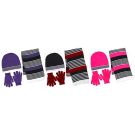 Girl's 3 Piece Knit Hat, Scarf & Gloves Set (Purple-Neon Yellow), OSFM