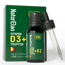 NaturElan Vitamin D3 K2 hochdosiert Tropfen - 50ml, 1000 I.E. Vitamin D3 pro Tropfen, in Deutschland produziert