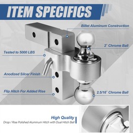 Auto Dynasty Compatible with 2 inches Receiver Aluminum 6 inches Drop/Raise Adjustable Dual Ball Trailer Tow Towing Hitch