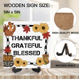 Fall Quote Desk Sign, Grateful Thankful Blessed Wooden Plaque Sign With Stand, Thanksgiving Gifts for Women Men Friends Family, Autumn Pumpkin and Turkey Sign Desk Decor for Farmhouse Home Office