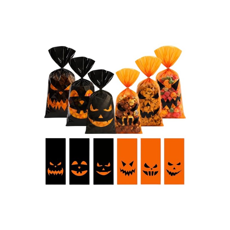 180pzs Bolsas de Dulces Halloween Cara de Calabaza Negro y
