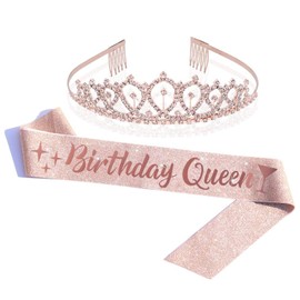 Birthday Crown and Sash for Women Rose Gold Birthday Queen Sash & Rhinestone Tiara Set Party Decoration Headband for Girl Glitter Crystal Hair Accessories
