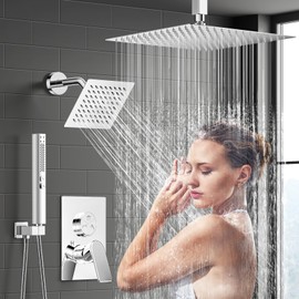 ZETETA Shower Faucet Set, 3-Setting Push Button Polish Chrome Shower System, 12 Inch Ceiling Mounted Shower Head, 6 Inch Wall Mounted Rain Shower Head with 2 in 1 Handheld Spray, Shower Valve Trim Kit