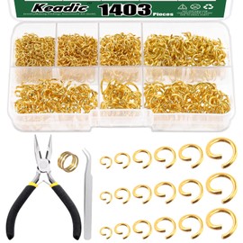 Keadic 1403Pcs 6 Sizes Open Jump Rings Assortment Set with Jewelry Pliers, 4/5/6/7/8/10MM Metal Round Ring Connectors for Keychains Bracelet Necklace Earrings Making (Gold)