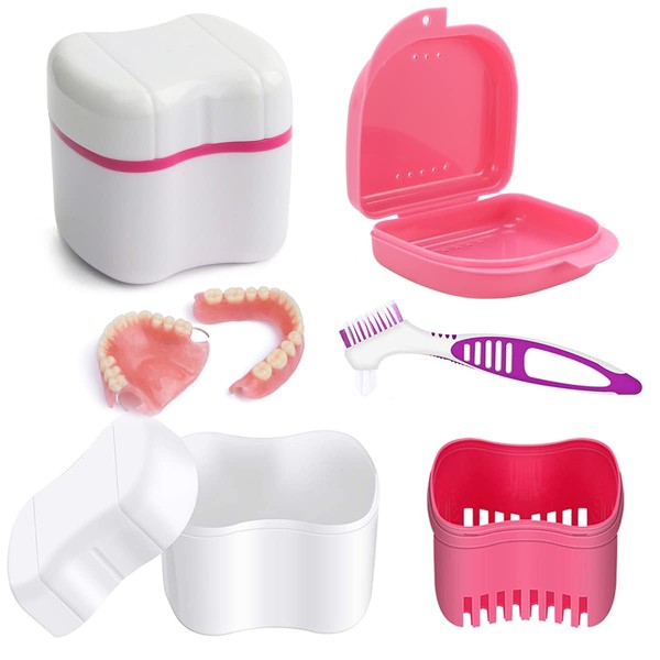 Denture Storage Box, Denture Box, Denture Case, Prosthesis Container, for False Teeth Storage Cleaning, for Orthodontic Box, Braces Box + Denture Cleaner Brushes, Pink
