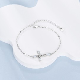 AOBOCO White Opal Celtic Cross Bracelet Sterling Silver Irish Knot Infinity Cross Adjustable Link Bracelet Christian Religious Faith Jewelry Gift for Women, 6.5 Inches to 8.5 Inches
