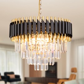 FRIXCHUR 20" Modern Crystal Chandelier 4 Tiers Black and Gold Chandelier Pendant Light 53" Long Chandeliers for Entryway Dining Room Living Room Hallway Foyer E12*7(Exclud Bulbs)