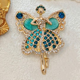 Enchanting Gold - toned Ballerina Fairy Brooch with Turquoise & Crystal Embellishments