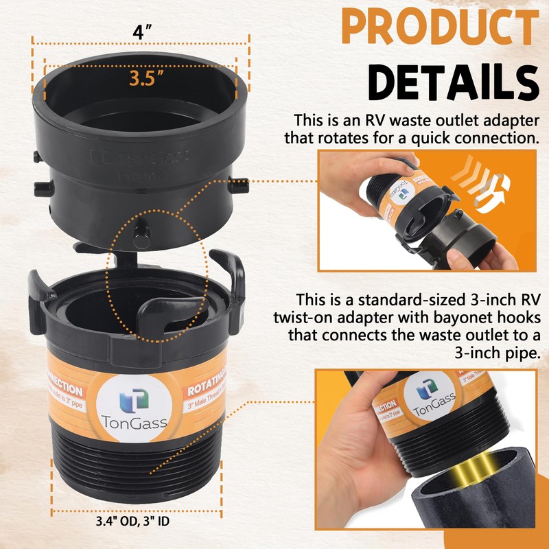 TonGass (2 x Combo Pack, Black) RV Sewer Pipe Adapter,