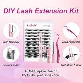 Fadlash Eyelash Extensions Set, Eyelash Cluster, Eyelash Glue Bond & Seal, Eyelash Remover and Eyelash Tweezers, Individual DIY Eyelash Extension Set for Beginners (40D-0.07D, 8-16 mm, Kit)