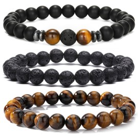 MengPa Mens Beaded Bracelets Couples Matching Bracelet Set Tiger Eye Matte Lava Rock Beads for Women Stone Jewelry (3Pcs-Tiger Eye-US4258B)