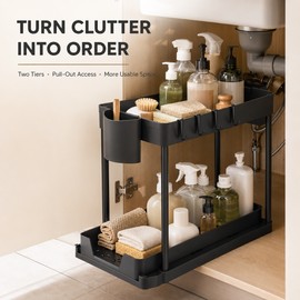 2-Tier Under Sink Organizer with Pull-Out Drawer & Hooks