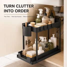 2-Tier Under Sink Organizer with Pull-Out Drawer & Hooks
