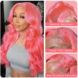 QGVQGV 22 Inch Pink Lace Front Wig Human Hair 13x6 HD Lace Pink Body Wave Wig Human Hair Pre Plucked Colored For Women 200% Density Strawberry Body Wave Lace Front