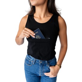 Clever Travel Companion Womens Tank Top with 1 Hidden Zipper Pocket, 100% Pickpocket Proof Holiday Tour Sleeveless Tee Shirt (Black, X-Small)