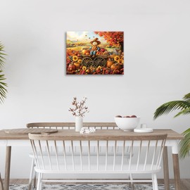 Autumn Wall Art,Rustic Scarecrow Wall Decor Fall Harvest Pumpkin Sunflower Maple Leaf Pictures,Farmhouse Filed Landscape Canvas Prints Painting Artwork for Living Room Bedroom Bathroom 16L" x 12W"