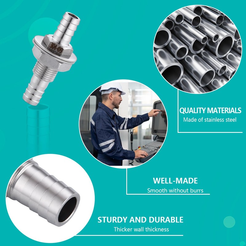 5/16" Hose Barb Thru-Bulk Bulkhead Fitting,304 Stainless Steel Straight Hex