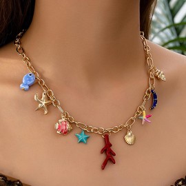 BUBGDYFO Gold Seashell Charm Necklace for Women – Dainty Beach Pendant on Paperclip Chain, Summer Coastal Jewelry with Shell and Star Necklace Jewelry