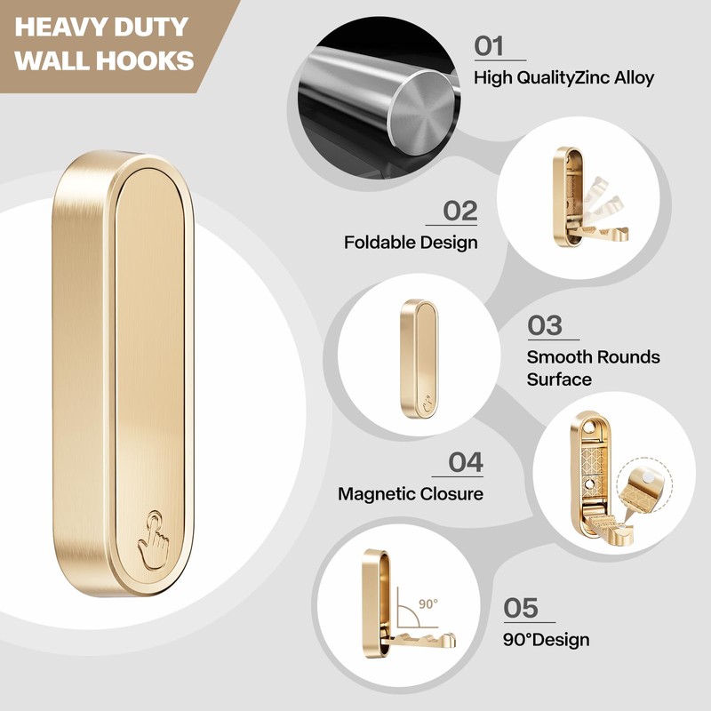 Ruiziiz Folding Coat Hooks, Zinc Alloy Foldable Gold Wall Hooks