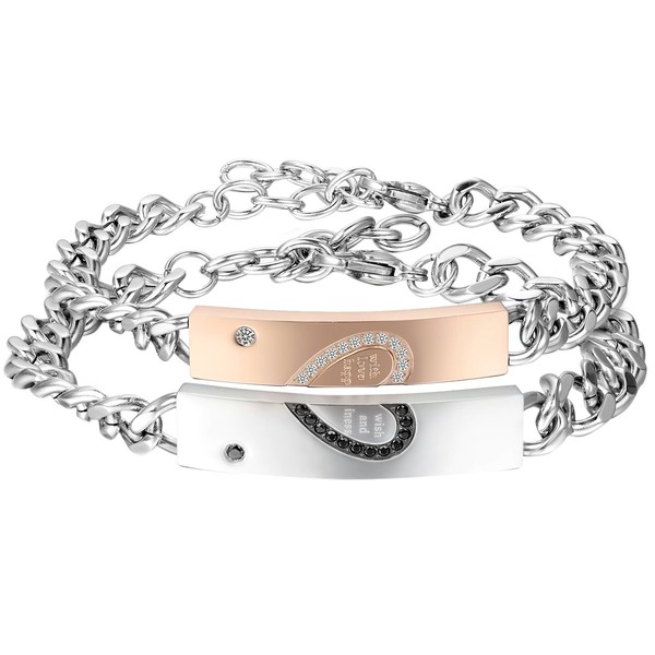Cupimatch 2 x Couples’ Bracelets, Stainless Steel Heart, Love Curb