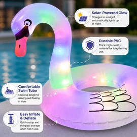 Solar Light Flamingo Pool Float for Summer Lounging – Inflatable PVC Swim Tube Raft for Pool Parties