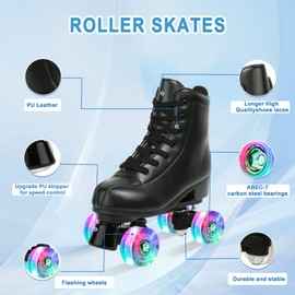 jessie PU Leather Roller Skates Roller Skates for Women Outdoor and Indoor Adjustable Four-Wheel Premium Roller Skates for Women Men Boys and Girls (Flash Wheel,7)