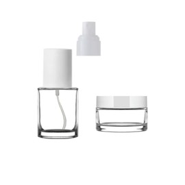 Set mit zwei leeren Kosmetikbehältern aus Glas, nachfüllbar, wiederverwendbar, gute Qualität, 50 ml und 50 ml Sprühflasche aus dickem Glas, inkl. weißer Verschluss-Zubehör