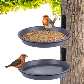 FAHAWEL 2 Pack Tree Mounted Bird Feeder Bath Tray, 8.4'' Heavy Duty Wall Mount Squirrel Feeder Pet Water Feeder for Wooden Fence, Wild Bird Bath Bowl with Metal Holder Outside Outdoor Deck Garden Grey