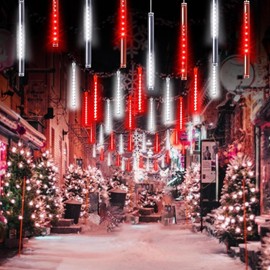 Solar Meteor Shower Lights Outdoor Decorations, Waterproof Christmas Lights Solar Powered, 16 Tubes 384LED Icicle String Light, Snow Cascading Raindrop Light for Tree Party Garden Decor(Red and White)