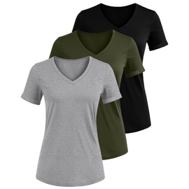 Ficerd 3 Pack Women's V Neck T Shirts, Cotton Summer Casual Short Sleeve Tops Loose Fit Rolled Sleeve Tees 2025 Trendy Shirts(Black, Gray, Army Green,Small)