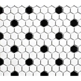 Squarefeet Depot Retro Hexagon Shiny Porcelain Mosaic Floor and Wall Tile, 10.25" x 11.75", White and Black Mixed (Box of 10 Sheets of Mosaic)