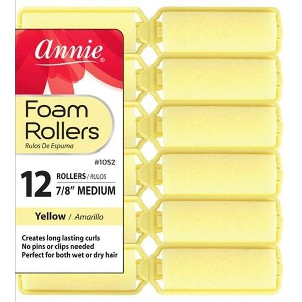 Annie Salon Style Medium Foam Hair Rollers - 7/8" Yellow - 12 Piece Set - Soft Heat-less Hair Curling Tools