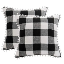 PiccoCasa Pack of 2 Decorative Cushion Covers, Check Throw Pillow Covers with Pom-poms - Classic Retro Cushion Covers for Sofa Bedroom, 45x45cm/18x18 in Throw Pillow Cases Black and White