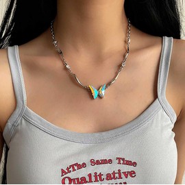 Inateannal Vintage Crystal Butterfly Choker Necklace Silver Birthstone Butterfly Necklace Colorful Rhinestone Pendant Necklaces Jewelry for Women