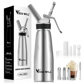 ECO-WILL Professional Whipped Cream Dispenser, Durable Aluminum Cream Whipper with 2 Sets of Stainless Steel and Plastic Tips & Cleaning Brush,1-Pint / 500 ML