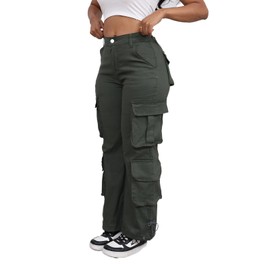 Wide Leg Cargo Pants Women High Elastic Waisted Casual Multi Pockets Drawstring Bottom Straight Y2k Trousers ArmyGreen M