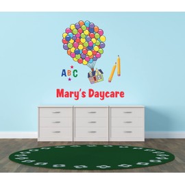KIDS DAYCARE - Customized Name Vinyl Kids Nursery Playroom Wall Decoration Sticker Multicolored Balloons Flying House Design A B C Alphabet Letter Wall Decal Sticker 9" x 10"