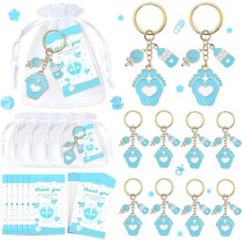 18 Sets Baby Shower Favors, Kids Footprint Keychain Gifts with Bottle Lollipop White Organza Bags and Thank You Tags for Boy Baby Shower Theme Party Decorations Supplies Return Favors (Blue)