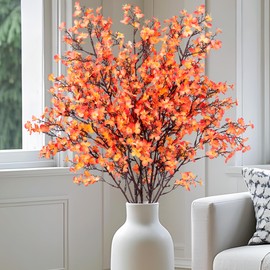 3 pcs Artificial Fake Cherry Blossom Flowers Branches for Vase, Faux Silk Cherry Stems Tall Floral Bottle Filler, Flower Decor Arrangements for Home Party Indoor Decor, Vase Not Included(Orange)