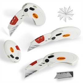 Scimaker 4 Pack Folding Utility Knife with 10 Extra Blades,Box Cutter with Button Lock Mechanism,Small Pocket Knife for Home,Office and Warehouse,White.