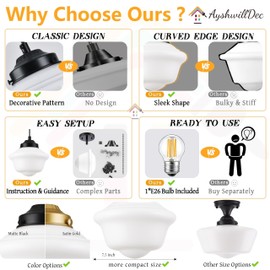 AyshwillDec Black Schoolhouse Light Fixture 8" Milk Glass Pendant Light Schoolhouse Pendant Light Milk Glass Light Fixture Mid Century Pendant Light for Bedroom Bathroom Kitchen Hallway (Bulb Incl.)