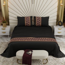 Stoa Paris Solid Bedsheets for Double Size Bed, 300 Threadcount Satin Bedsheet Set, Premium Bedding Set with Pillow Cover, Versailles Vista Grandeur Bedspread, Black, Upto 350 Tc